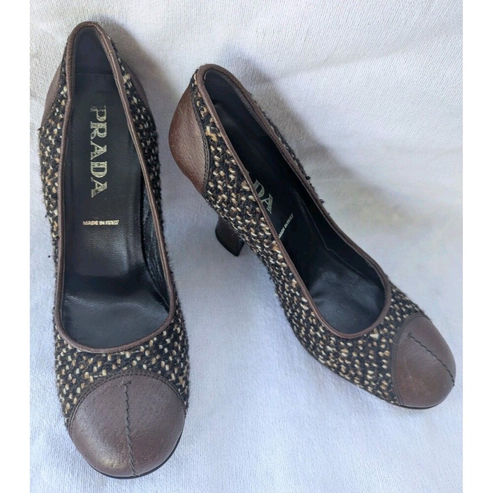 Prada Tweed & Leather Cap Toe Pumps Brown Kitten Heels Shoes IT 37.5 US 7.5